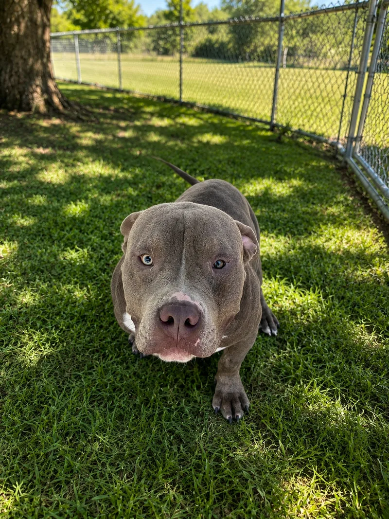 A young large-sized male Blue Pit Bull Terrier dog named Larry for adoption