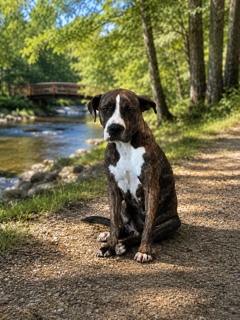 A young large-sized female Brindle Pit Bull Terrier dog named Jewel for adoption