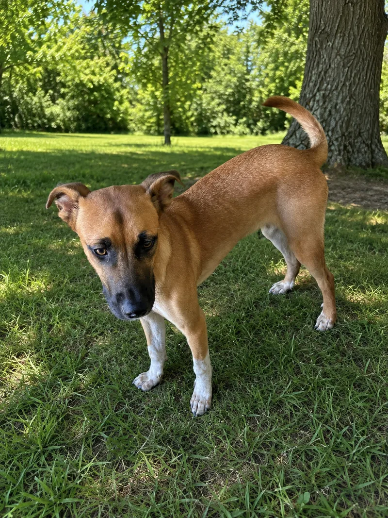 A young medium-sized male Tan Black Mouth Cur dog named Diego for adoption