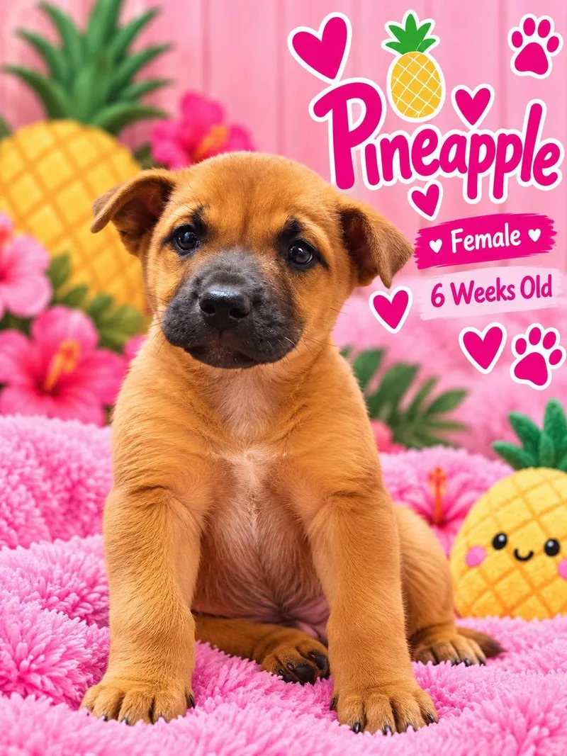 A baby medium-sized female Black Mouth Cur dog named Pineapple for adoption in Fort Worth, TX