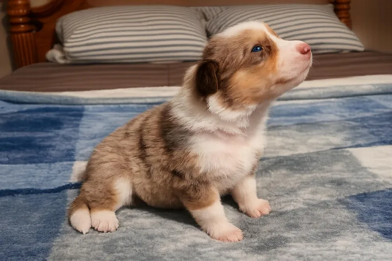 A baby medium-sized female White / Cream Australian Shepherd dog named Tango Yoyo for adoption in Andover, MA