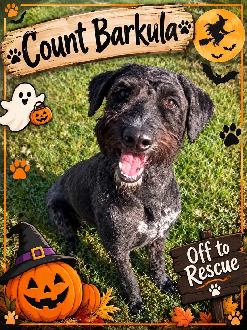 A young medium-sized male Black Goldendoodle dog named Count Dracula for adoption in Lexington, KY