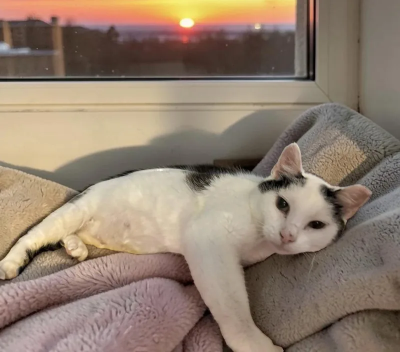 A senior medium-sized female Black & White / Tuxedo Domestic Short Hair cat named Moo for adoption in Champaign, IL