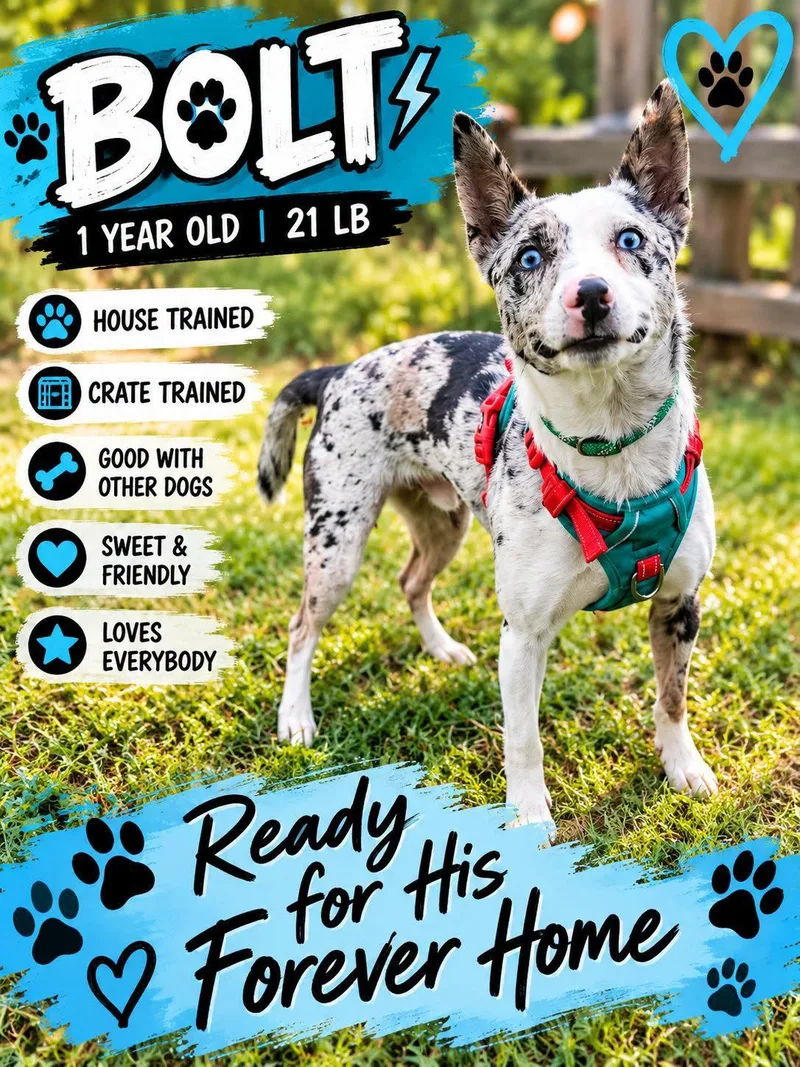 A young medium-sized male Australian Cattle Dog / Blue Heeler dog named Bolt for adoption in Fort Worth, TX