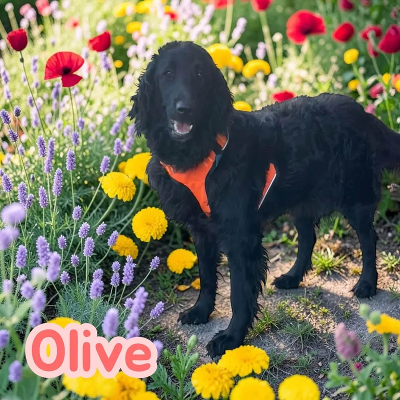 An adult medium-sized female Black Flat-Coated Retriever dog named Olive  velco best for adoption in Chuckey, TN