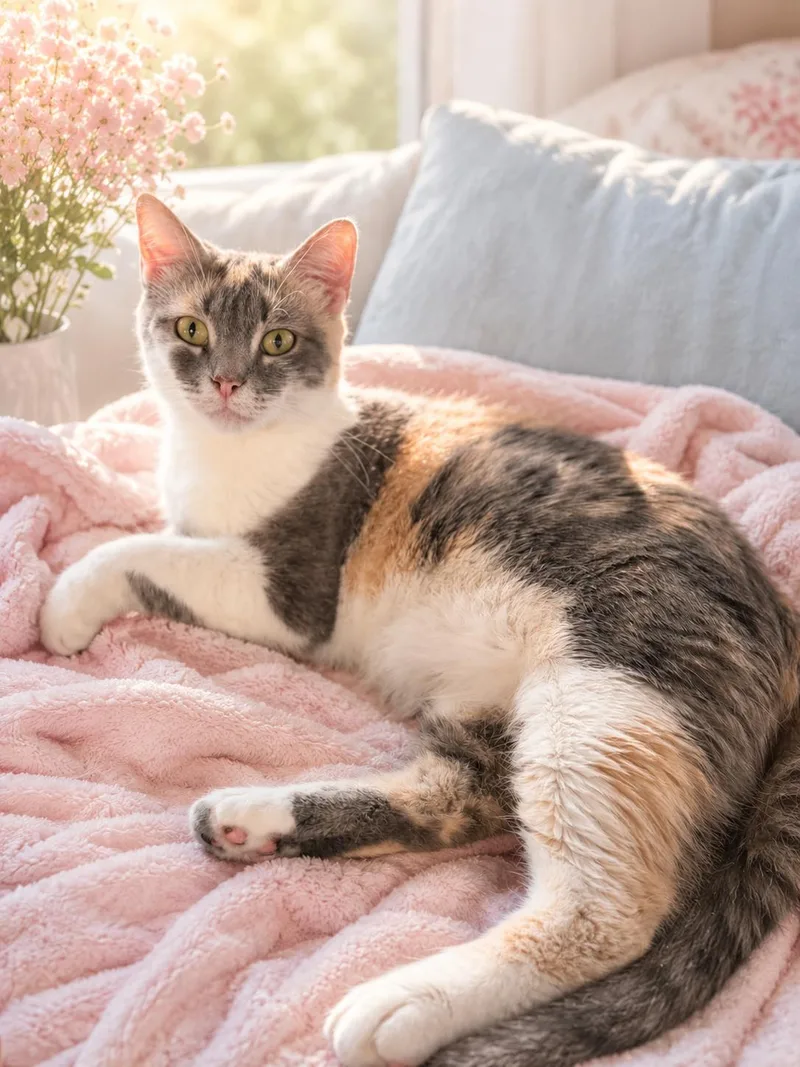 An adult medium-sized female Dilute Calico cat named Bat Girl for adoption in Newton, IL