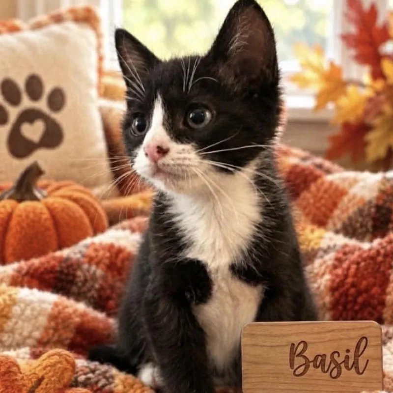 A baby small-sized male Black Domestic Short Hair cat named Basil for adoption in Peachtree City, GA