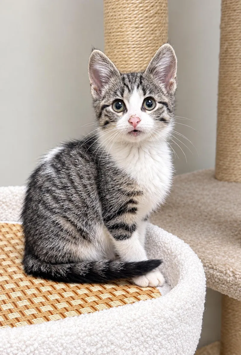 A baby medium-sized female Tabby (Brown / Chocolate) Domestic Short Hair cat named Pinky for adoption in Pickerington, OH
