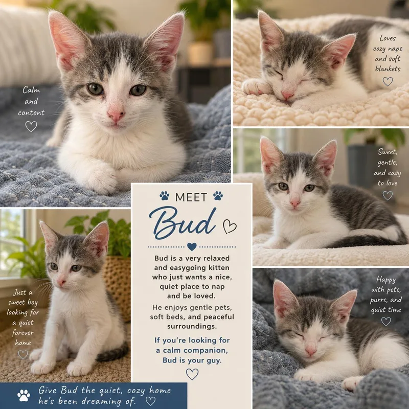 A baby small-sized male Gray & White Domestic Short Hair cat named Bud for adoption in Bentonville, AR