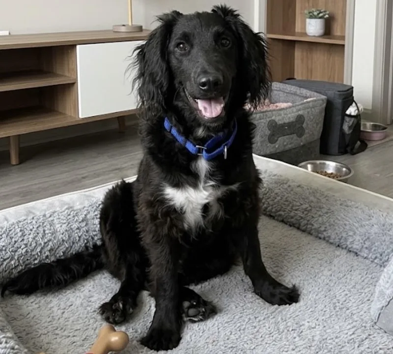 A baby medium-sized male Black Boykin Spaniel dog named Harvey for adoption in Palm springs, FL