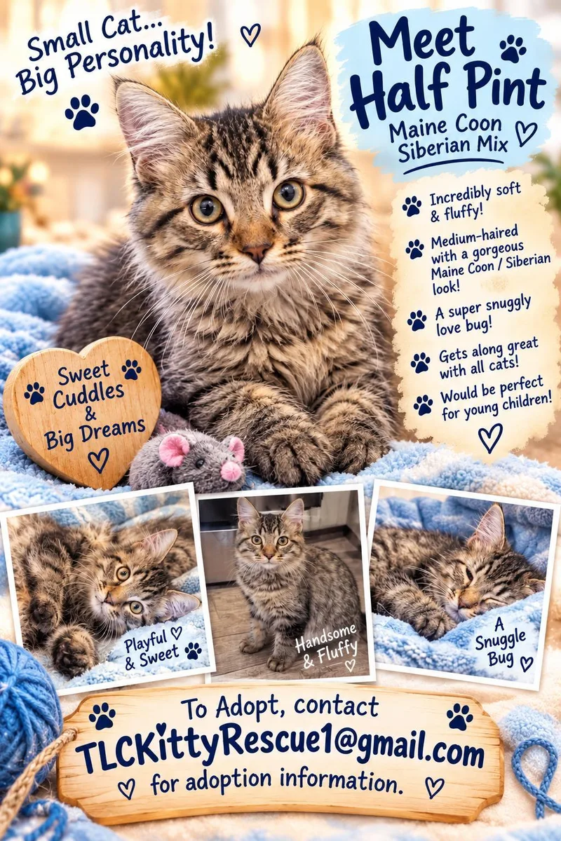 A baby medium-sized male Tabby (Buff / Tan / Fawn) Siberian cat named Half Pint for adoption in Escalon, CA