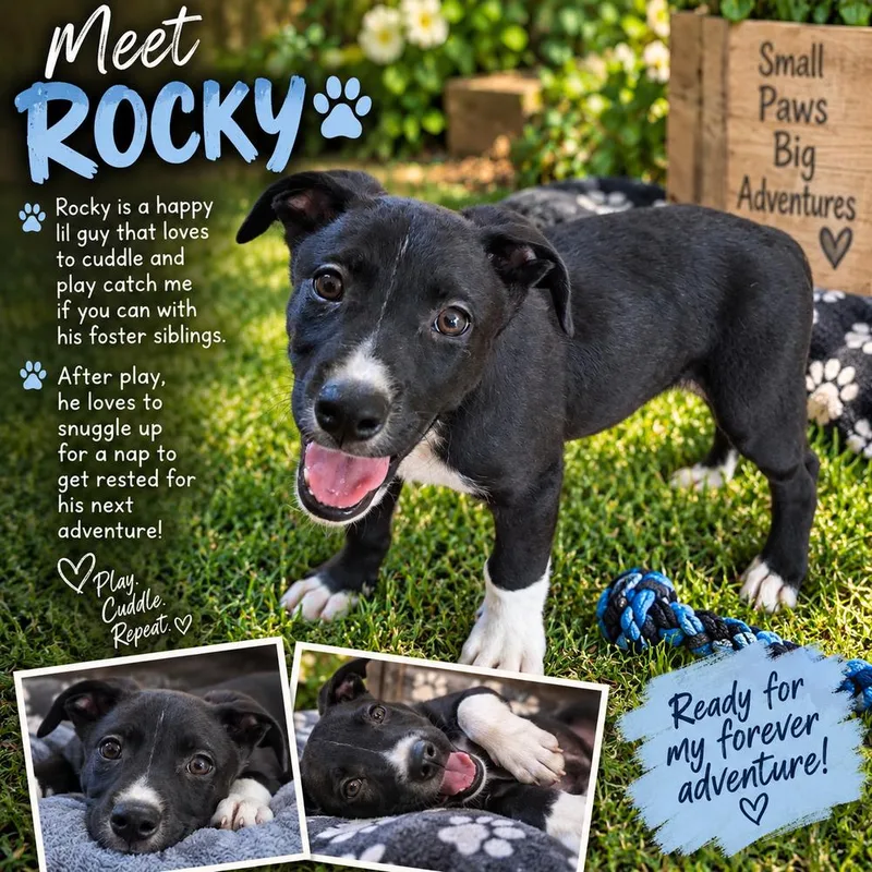 A baby medium-sized male Tricolor (Brown, Black, & White) Mixed Breed dog named Rocky for adoption in Mooresville, NC