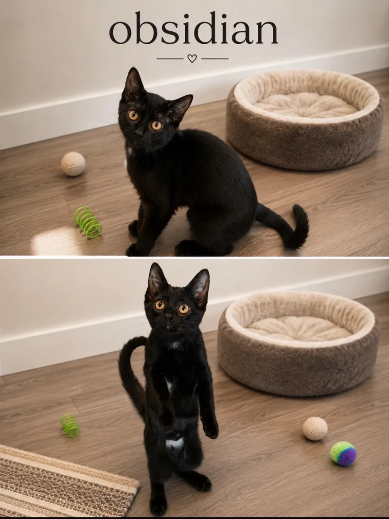 A baby medium-sized female Black Domestic Short Hair cat named Obsidian for adoption in Medina, OH