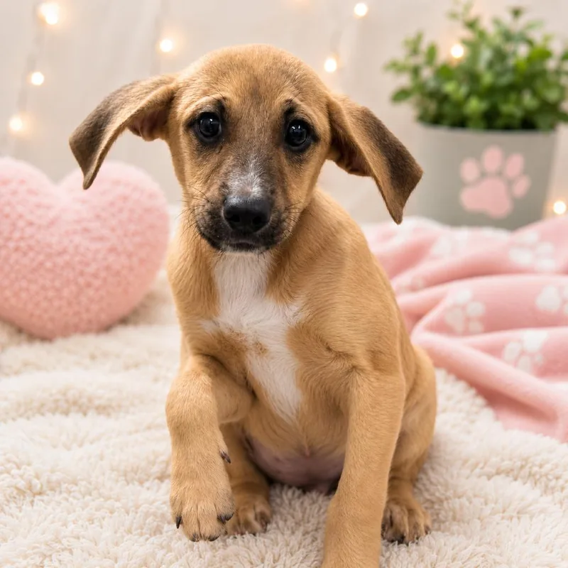 A baby medium-sized female Yellow / Tan / Blond / Fawn Terrier dog named Bonnie for adoption in Chantilly, VA
