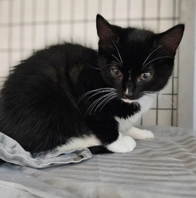 A baby small-sized female Black & White / Tuxedo Domestic Short Hair cat named Faye for adoption in Lovingston, VA