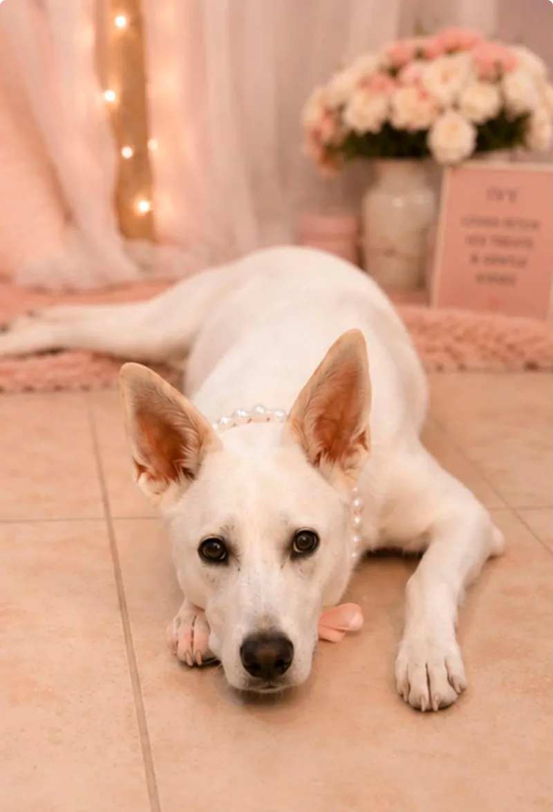A young medium-sized female White German Shepherd dog named Ivy for adoption in Houston, TX