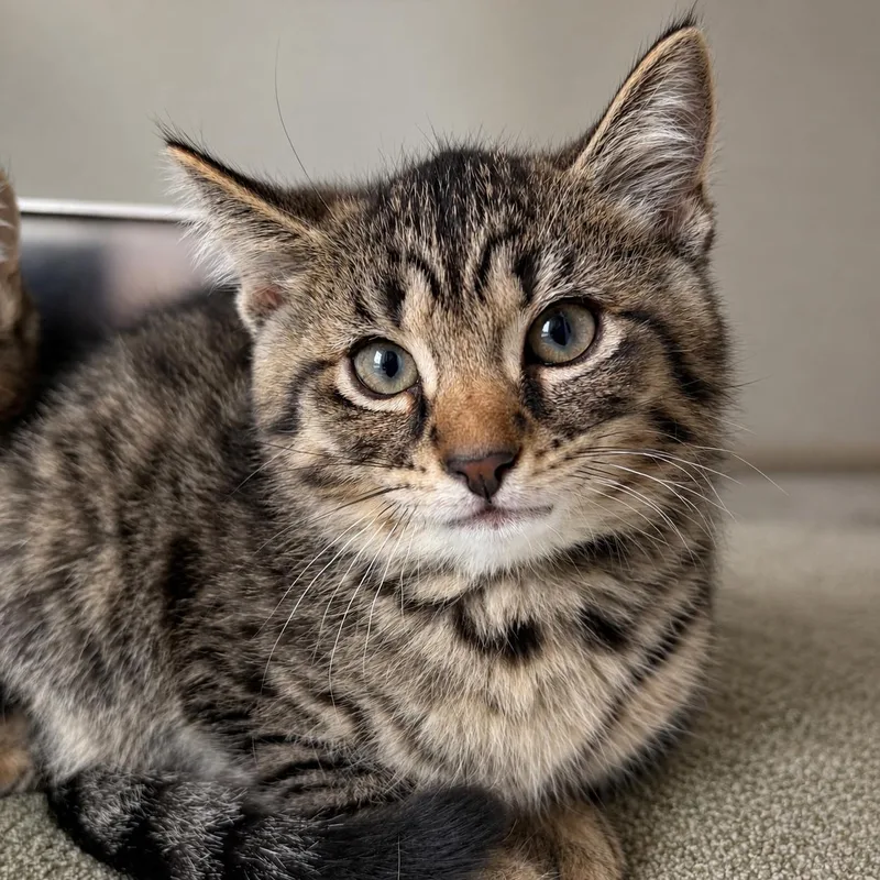 A baby medium-sized male Tabby (Brown / Chocolate) Domestic Short Hair cat named Aol for adoption in Pontiac, MI