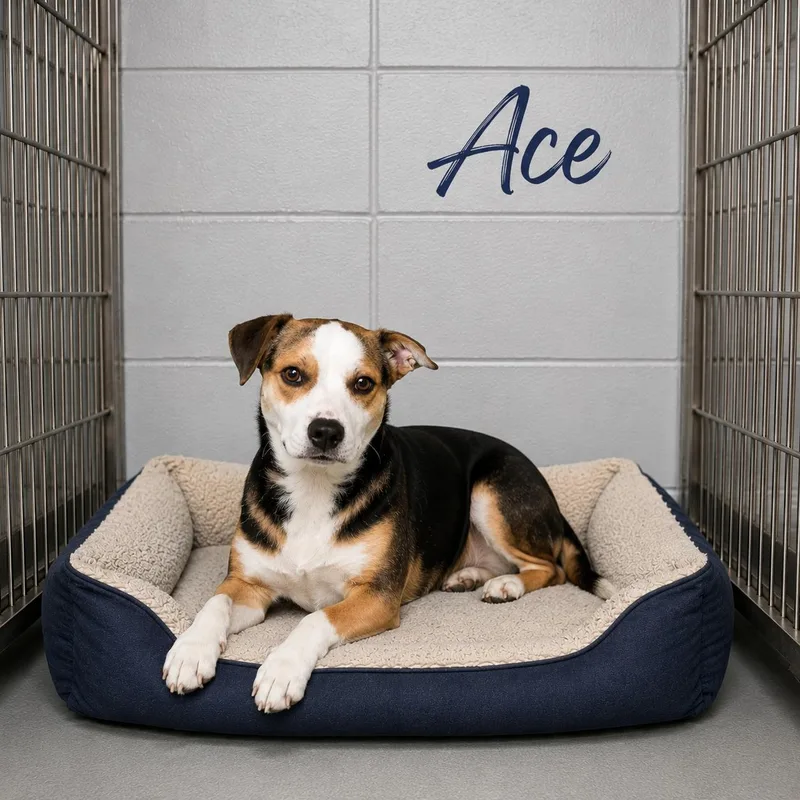 A baby medium-sized male Tricolor (Brown, Black, & White) Carolina Dog dog named Ace for adoption in Momence, IL