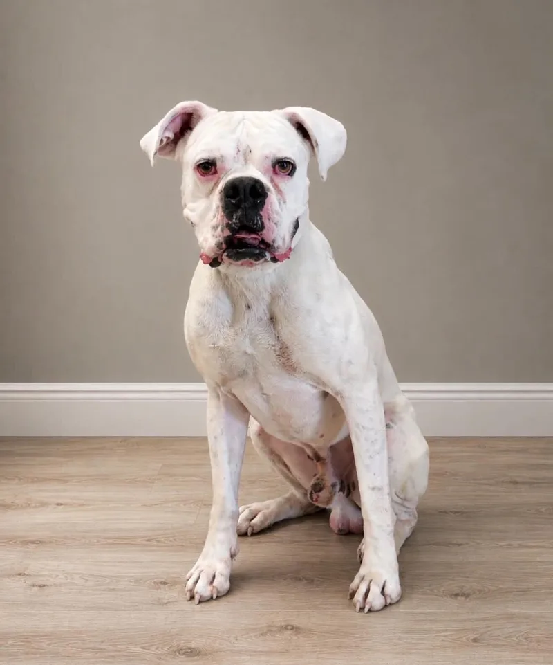 A young large-sized male White / Cream Boxer dog named Baxter JC for adoption in Georgetown, OH