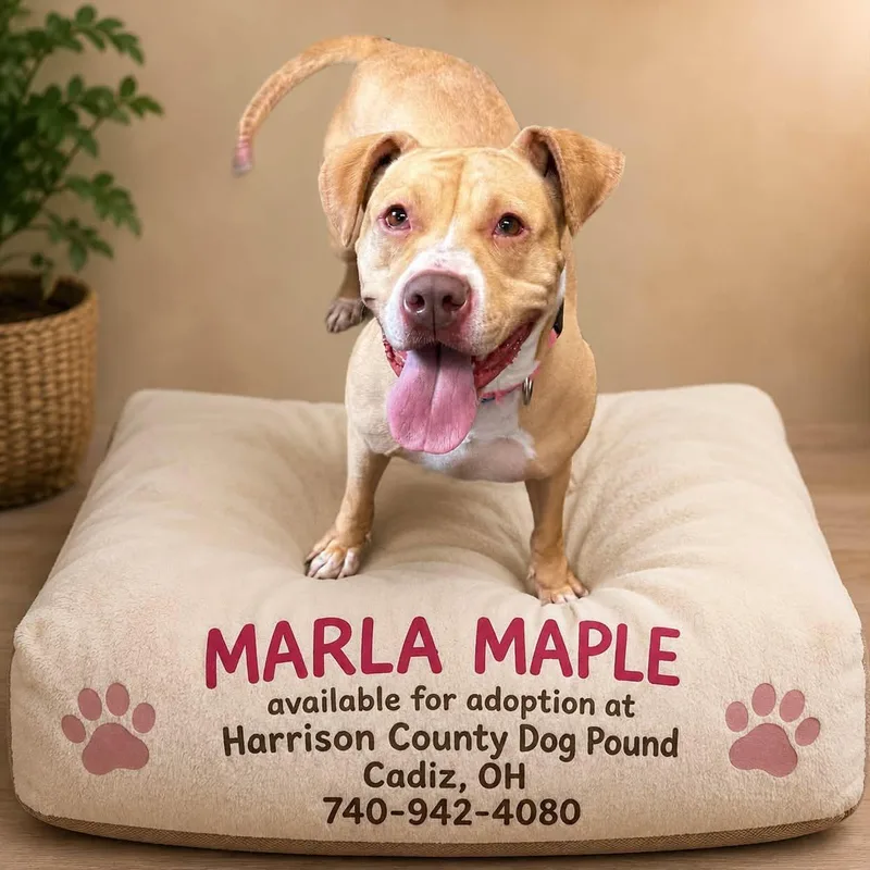 An adult medium-sized female Yellow / Tan / Blond / Fawn Pit Bull Terrier dog named Marla Maples for adoption in Cadiz, OH