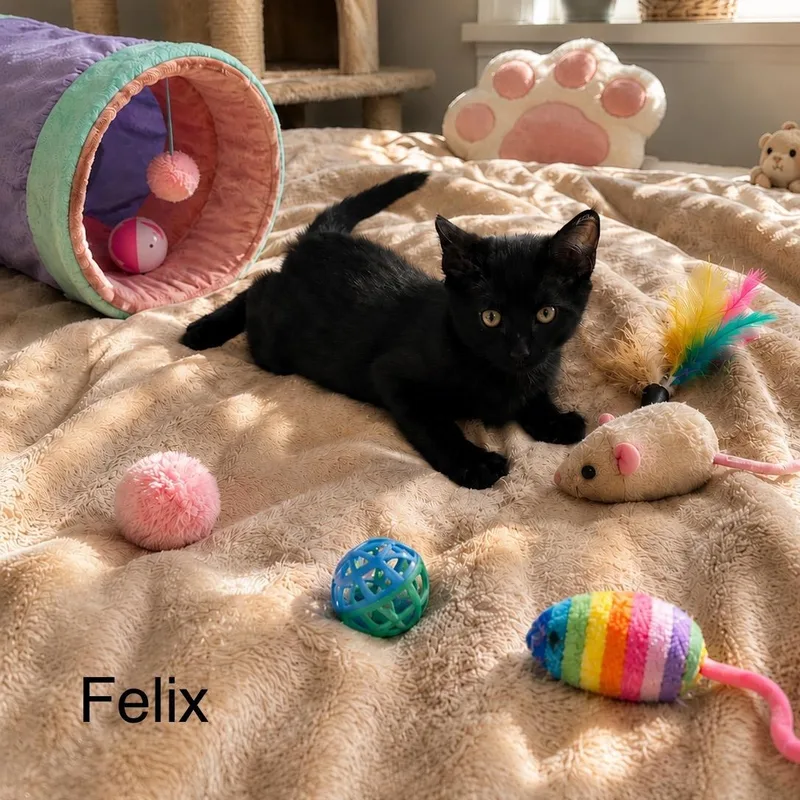 A baby small-sized male Black Bombay cat named Felix for adoption in Wyandotte, MI