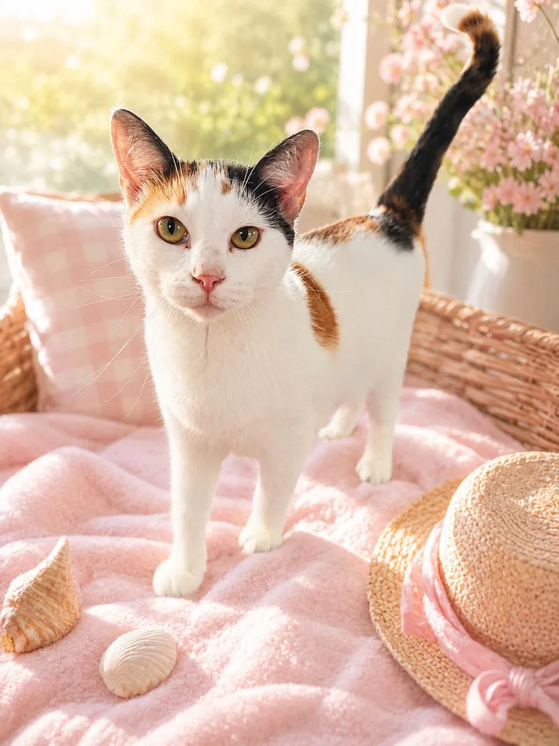 A young medium-sized female Calico cat named Quinn for adoption in Newton, IL