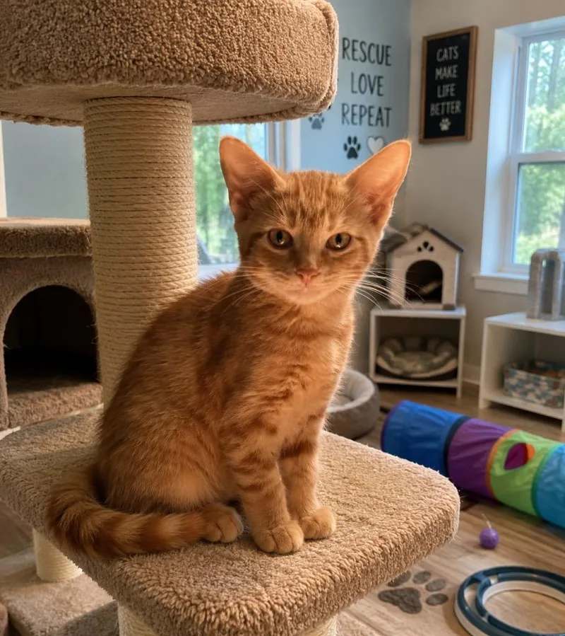 A baby medium-sized male Domestic Short Hair cat named Pumpkin for adoption in Mountain Home, AR