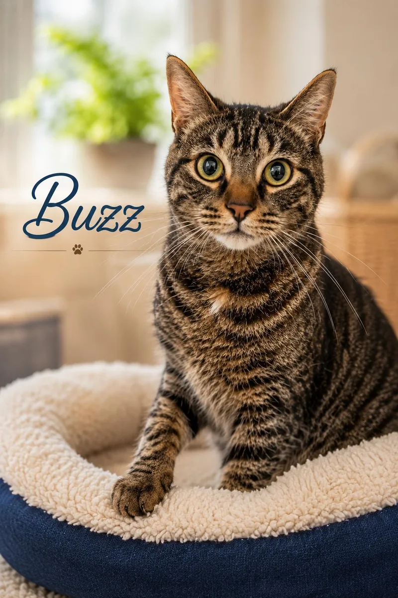 A young medium-sized male Tabby cat named Buzz for adoption in Greenville, DE