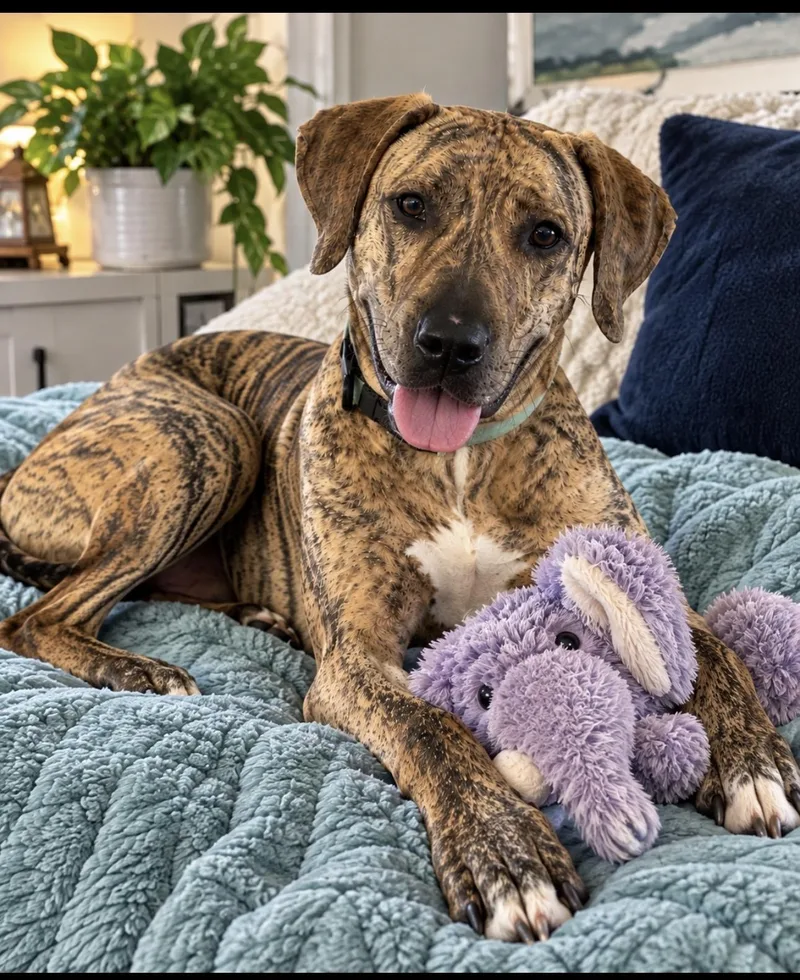 An adult large-sized female Brindle Plott Hound dog named Roxy for adoption in CUMMING, GA