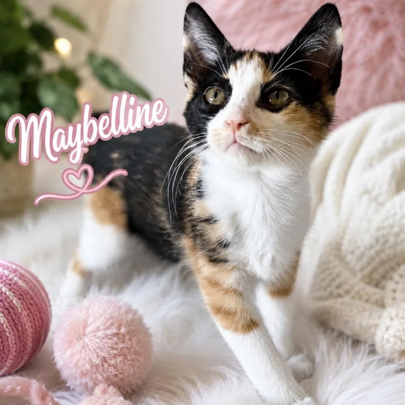 A baby small-sized female Calico Domestic Short Hair cat named Maybelline for adoption in Inman, SC
