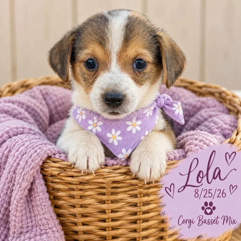 A baby medium-sized female Corgi dog named Lola for adoption in Fort Worth, TX