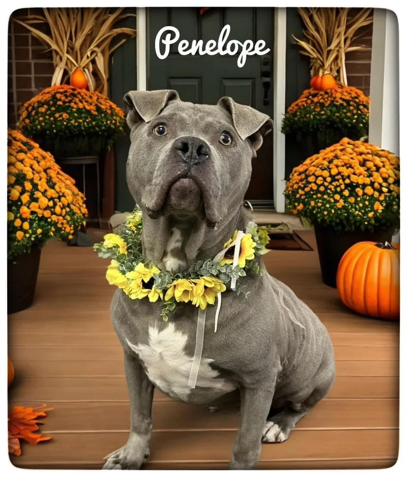 An adult large-sized female Gray / Blue / Silver Mixed Breed dog named Penelope for adoption in Flint, MI