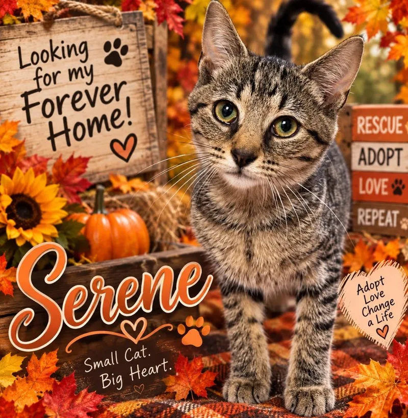 A baby medium-sized female Domestic Short Hair cat named Serene for adoption in Shelbyville, TN