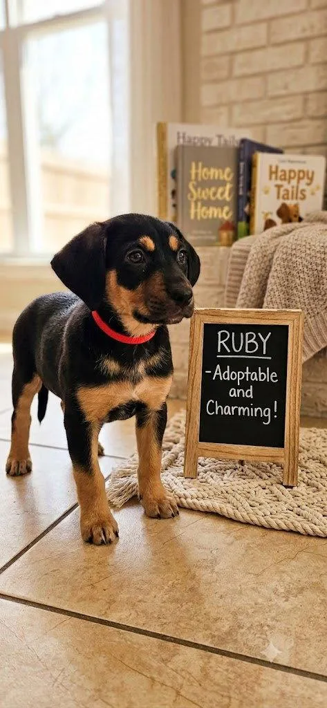 A baby large-sized female Rottweiler dog named Ruby for adoption in Mooresville, NC