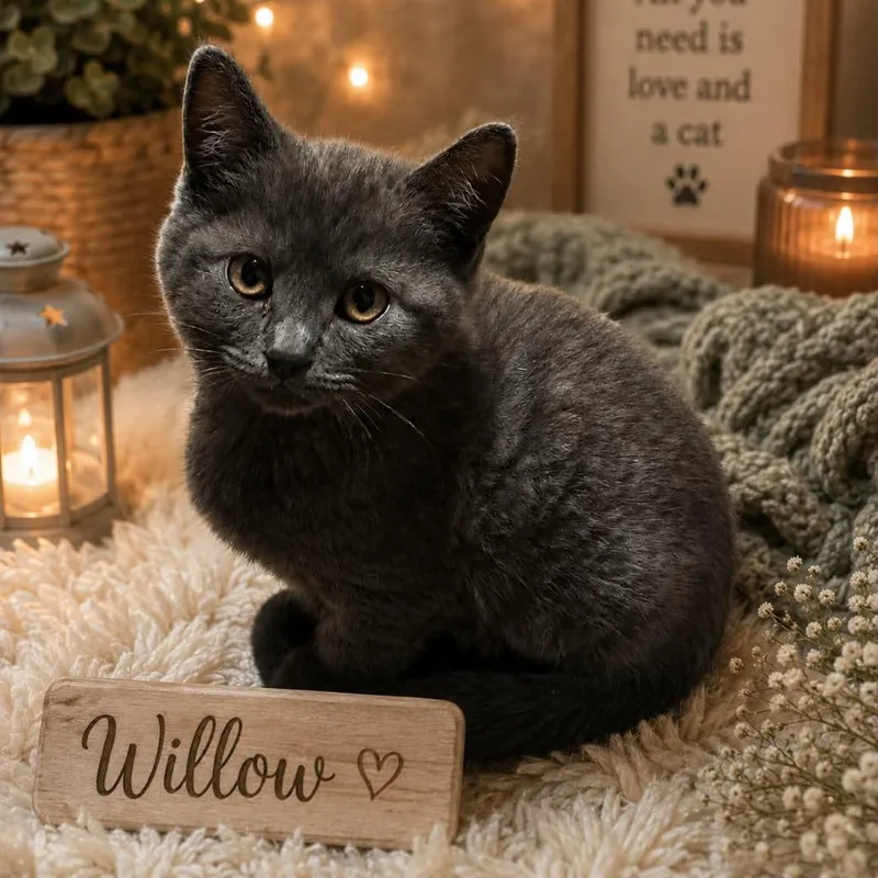 A baby small-sized female Gray / Blue / Silver Domestic Short Hair cat named Willow for adoption in DeKalb, IL