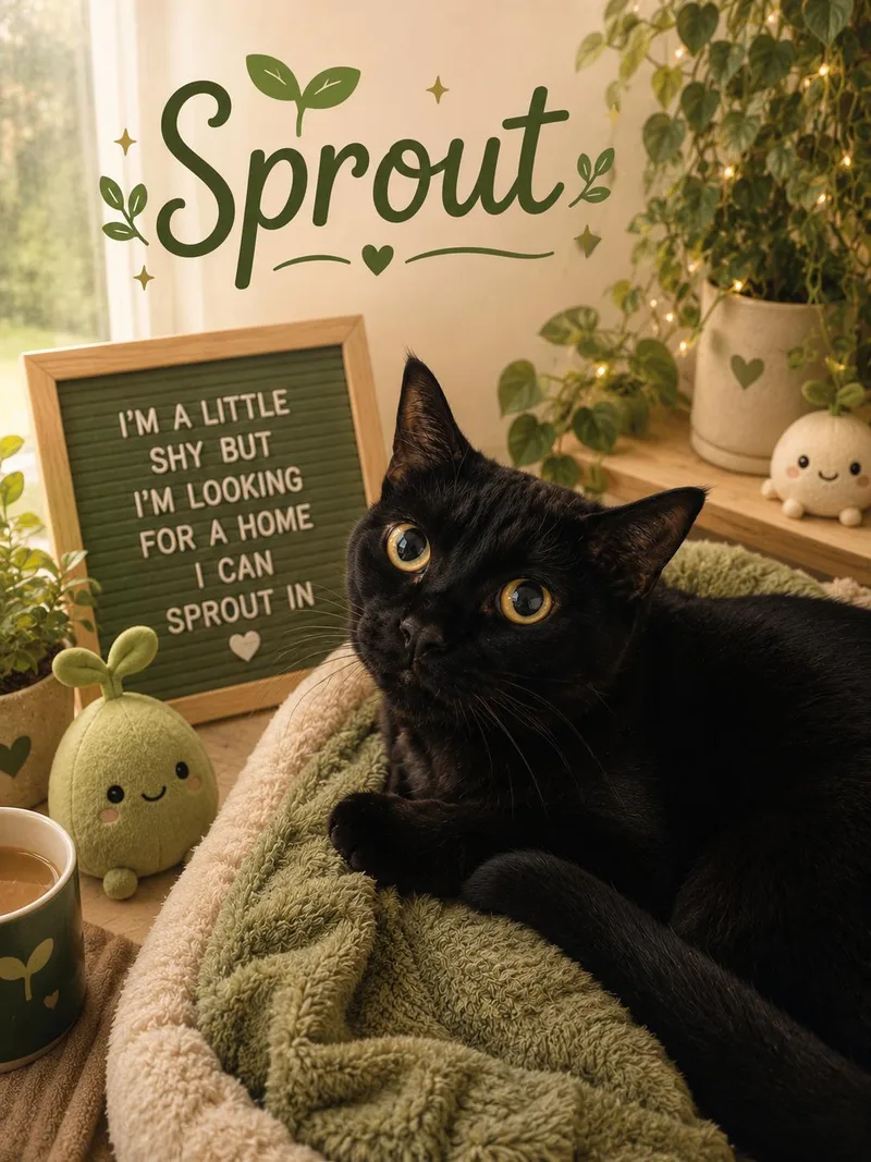 A young medium-sized male Black Domestic Short Hair cat named Sprout for adoption in Orleans, VT