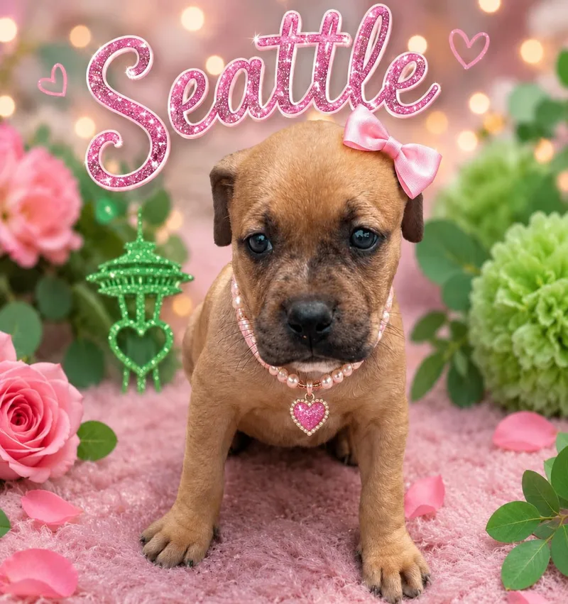 A baby medium-sized female Apricot / Beige Pit Bull Terrier dog named Seattle for adoption in Mansfield, TX