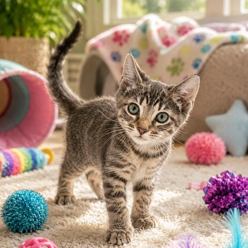 A baby small-sized female Gray / Blue / Silver Domestic Short Hair cat named Scout for adoption in League City, TX