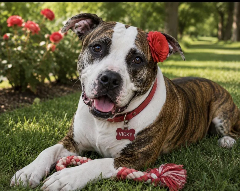 An adult large-sized female Brindle Presa Canario dog named Vicky for adoption in CUMMING, GA