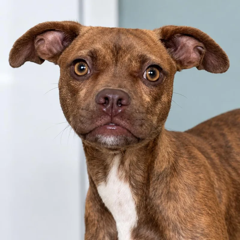 A baby small-sized female Brown / Chocolate Boston Terrier dog named Macchiato for adoption in Jupiter, FL