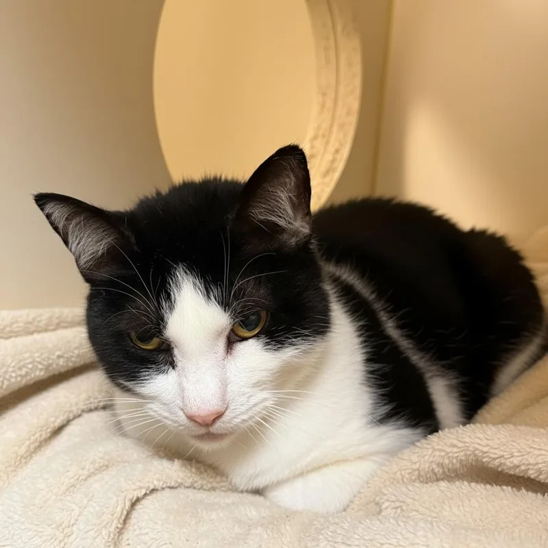 A senior medium-sized male Black & White / Tuxedo Domestic Short Hair cat named Romeo for adoption in Elyria, OH