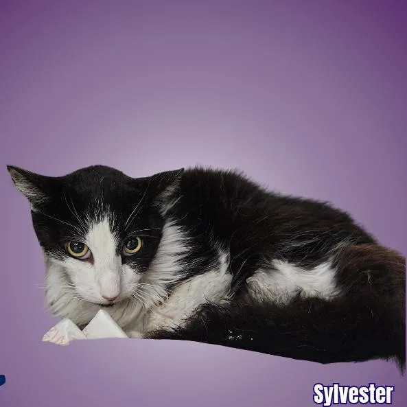 A young small-sized male Black Domestic Short Hair cat named Sylvester for adoption in Austin, TX