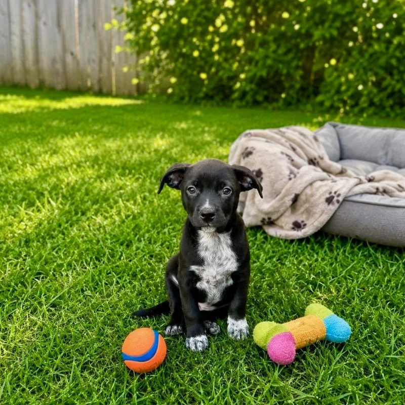 A baby medium-sized male Black Pit Bull Terrier dog named Peeta for adoption in Joliet, IL