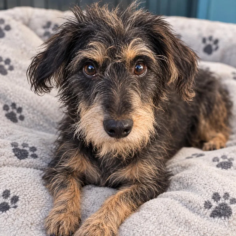An adult small-sized male Bicolor Wirehaired Terrier dog named Ralphie for adoption in Brownsville, TX