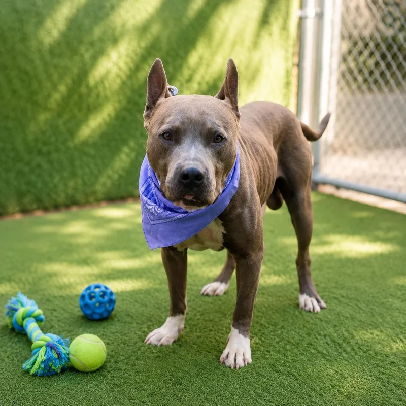 A young large-sized male Gray / Blue / Silver American Staffordshire Terrier dog named General for adoption in Houston, TX
