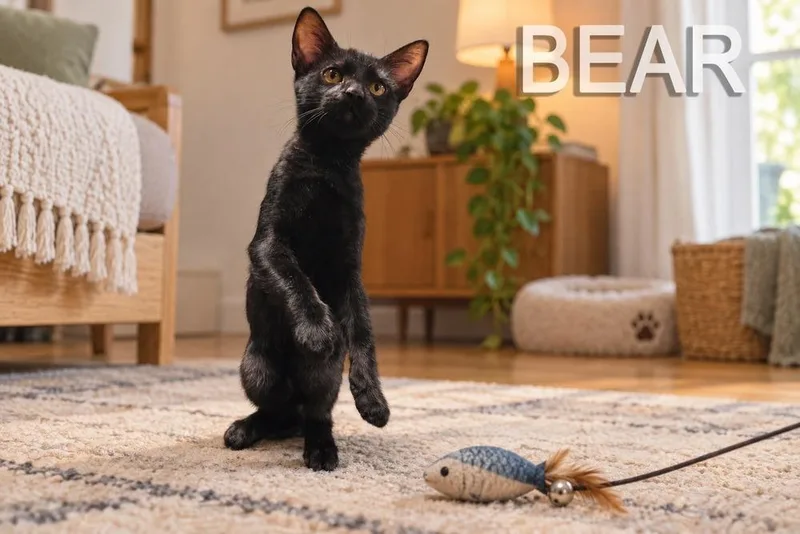 A baby small-sized male Black Domestic Short Hair cat named Bear for adoption in Hudson, NH