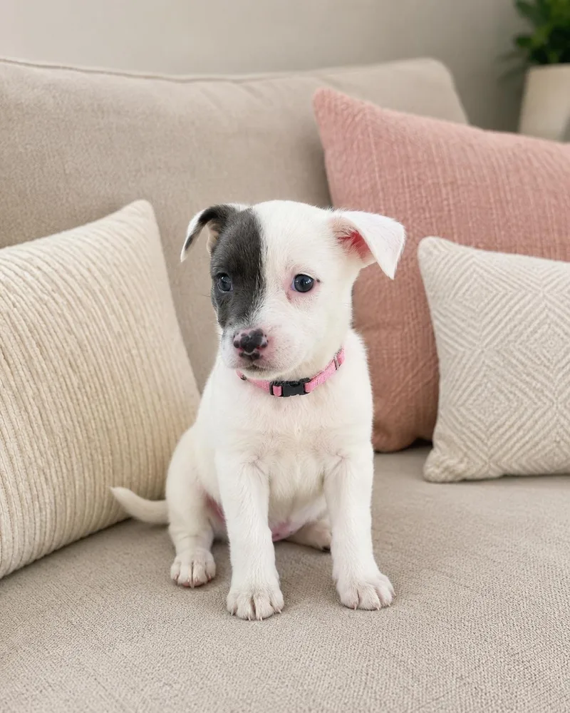 A baby medium-sized female White / Cream Terrier dog named Nala for adoption in Liverpool, TX