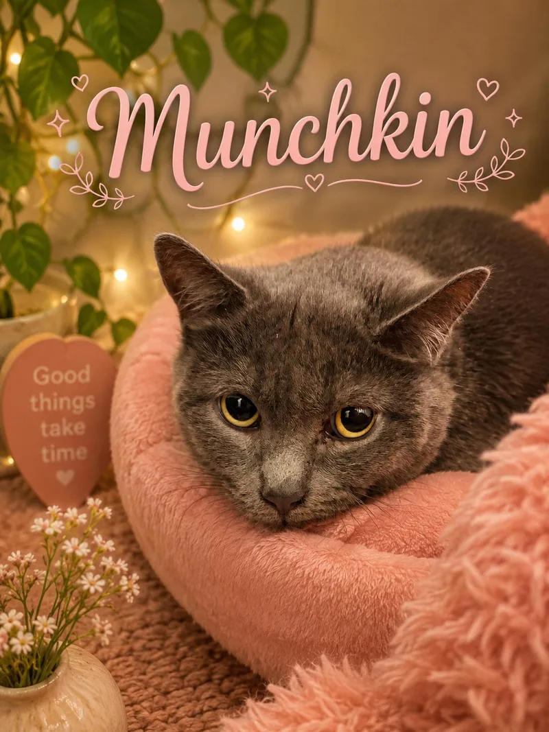 An adult medium-sized female Gray / Blue / Silver Domestic Short Hair cat named Munchkin for adoption in Orleans, VT