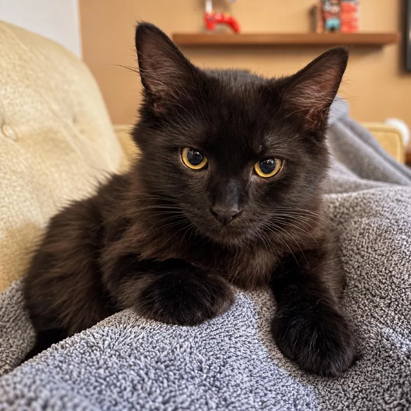 A baby small-sized male Black Domestic Long Hair cat named Leon for adoption in Hopkinton, MA