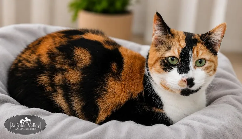 An adult medium-sized female Calico Domestic Short Hair cat named Jill for adoption in Grayling, MI
